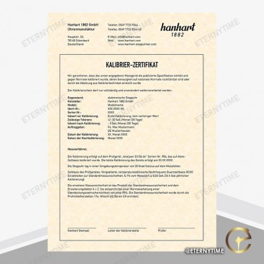 Hanhart Certificado de Calibração para cronómetros