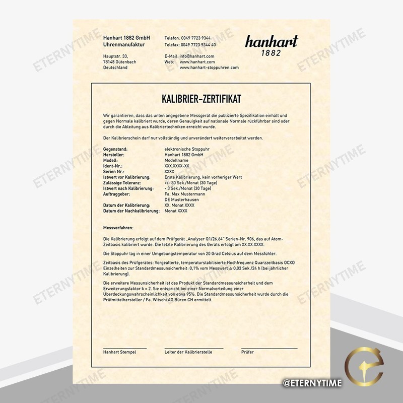 Hanhart Certificado de Calibração para cronómetros
