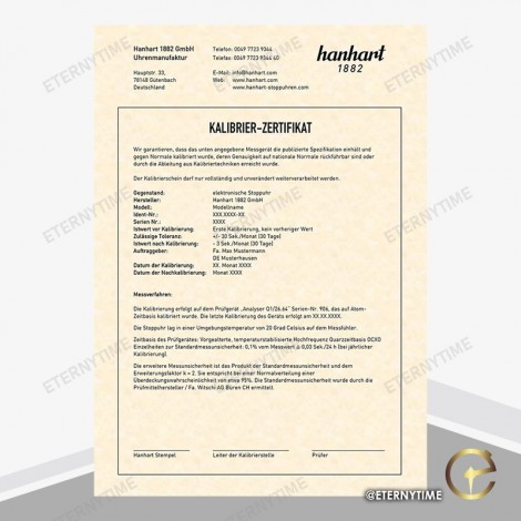 Hanhart Certificat Calibrage pour les chronomètres